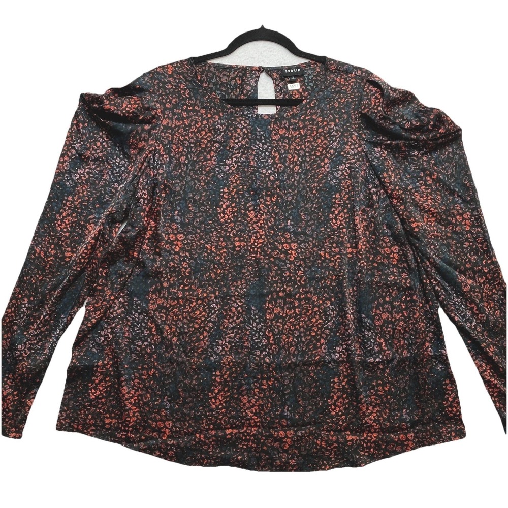 Torrid Blouse Womens 0X Brown Long Sleeve Leopard Satin Puff Top $55
